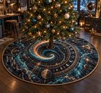 Comet Trail Hobby Studio Identity Christmas Tree Skirt with flat printed optical 3D comet trail in deep graphite electric teal copper brass gold and pearl white in a creative hobby studio