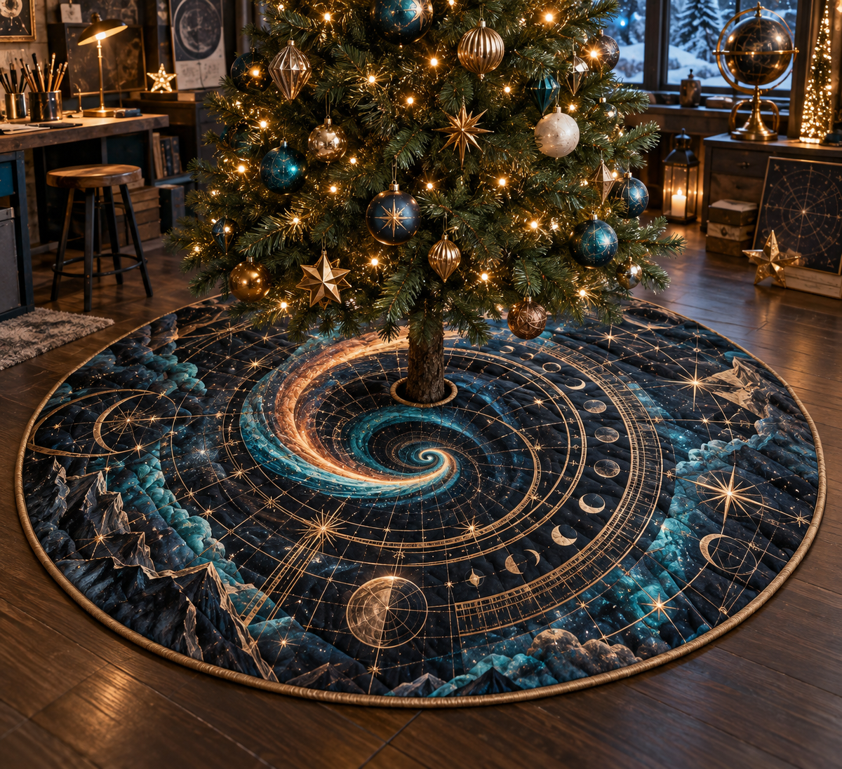 Comet Trail Hobby Studio Identity Christmas Tree Skirt with flat printed optical 3D comet trail in deep graphite electric teal copper brass gold and pearl white in a creative hobby studio