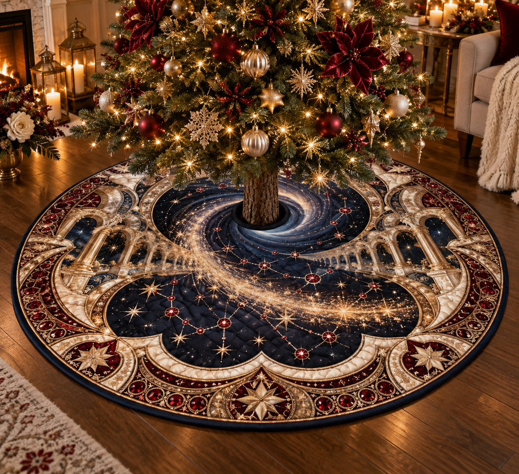 Comet Trail Host Thank You Gift Christmas Tree Skirt with flat printed optical 3D champagne comet in midnight blue garnet red champagne gold pearl white and welcoming hospitality setting