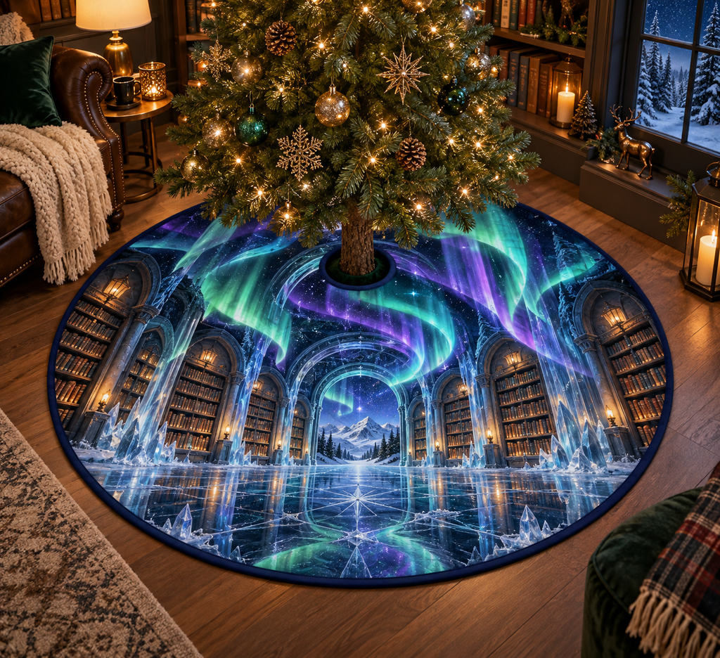 Northern Lights Reading Nook Decor Christmas Tree Skirt with flat printed optical 3D aurora library in midnight indigo emerald cyan violet icy white and a cozy reading nook