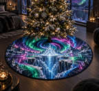 Northern Lights Bedroom Statement Decor Christmas Tree Skirt with flat printed optical 3D aurora glacier cathedral in midnight black blue neon emerald magenta cobalt icy silver and a luxury bedroom