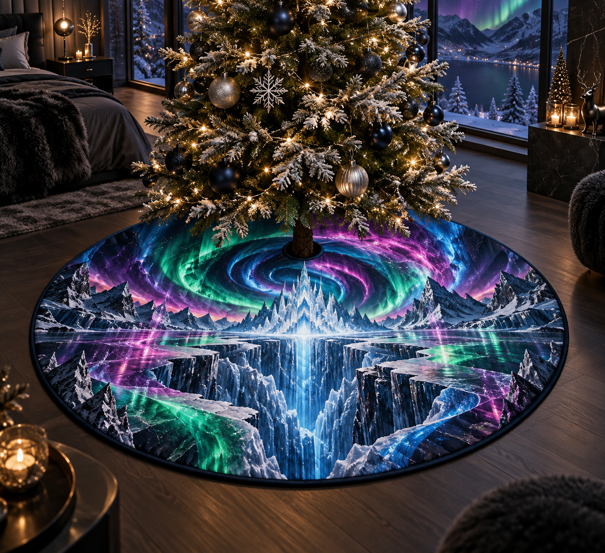 Northern Lights Bedroom Statement Decor Christmas Tree Skirt with flat printed optical 3D aurora glacier cathedral in midnight black blue neon emerald magenta cobalt icy silver and a luxury bedroom