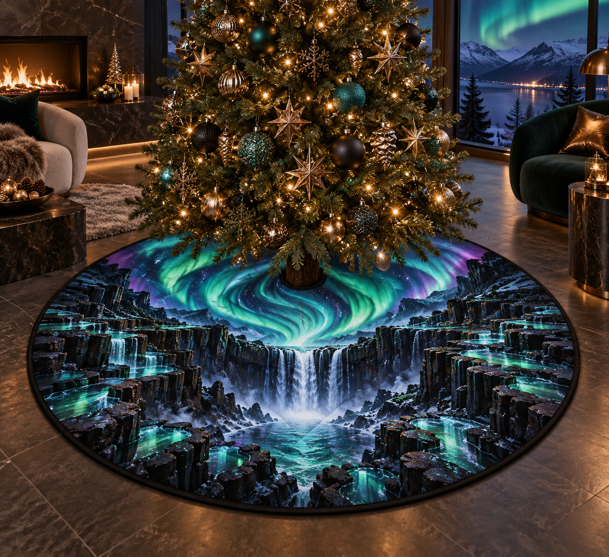 Northern Lights Living Room Focal Point Christmas Tree Skirt with flat printed optical 3D aurora waterfall canyon in obsidian emerald turquoise electric violet icy white and a modern living room