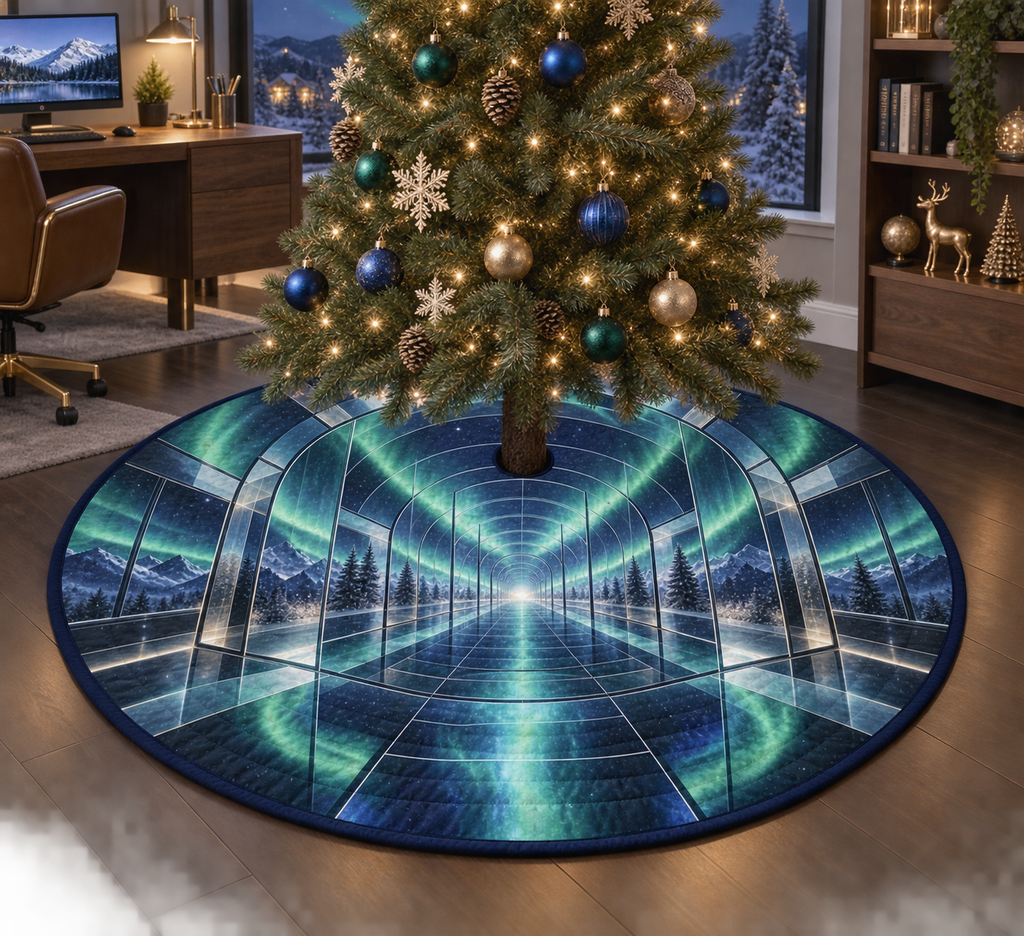 Northern Lights Home Office Backdrop Christmas Tree Skirt with flat printed optical 3D aurora glass corridor in deep navy emerald cobalt aqua frosted white and a polished home office