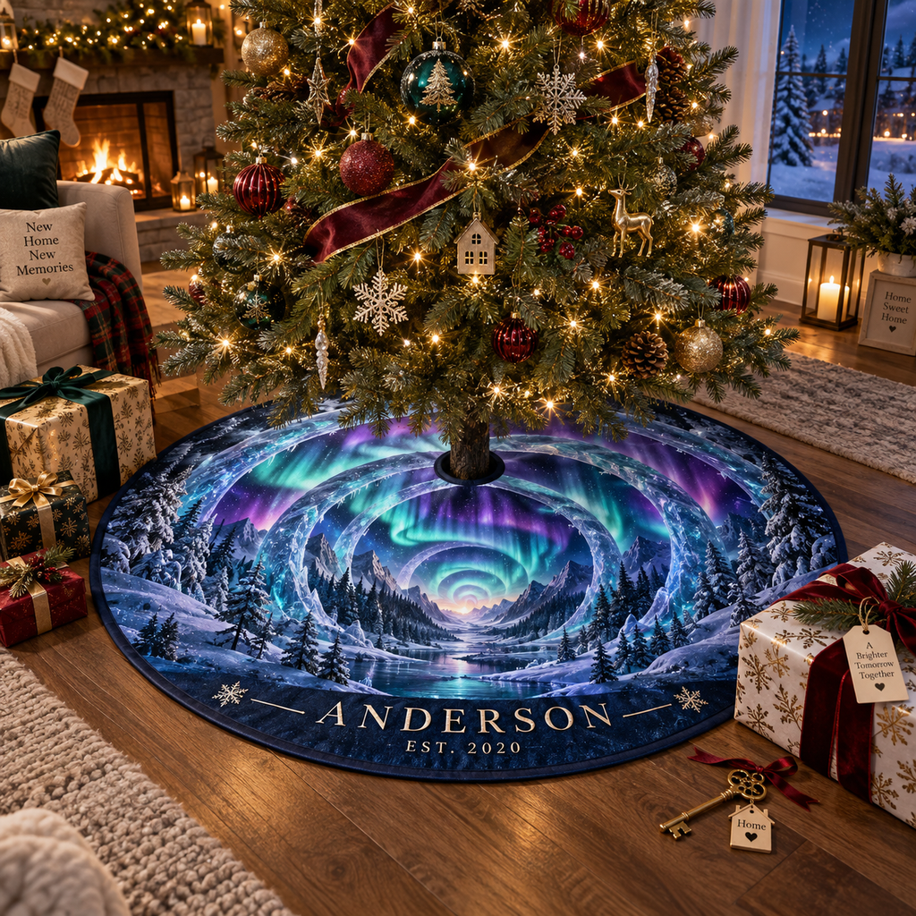 Northern Lights Housewarming Christmas Tree Skirt with personalized family name and flat printed optical 3D aurora portal artwork in emerald cyan violet and midnight blue