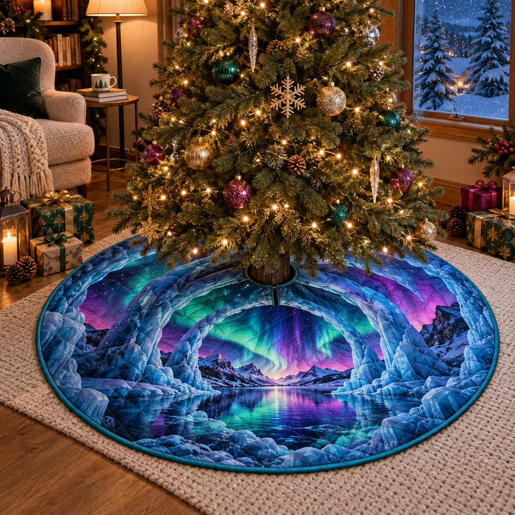 Northern Lights Quiet Corner Christmas Tree Skirt with flat printed optical 3D aurora ice portal in emerald cyan violet midnight blue and a serene reading nook