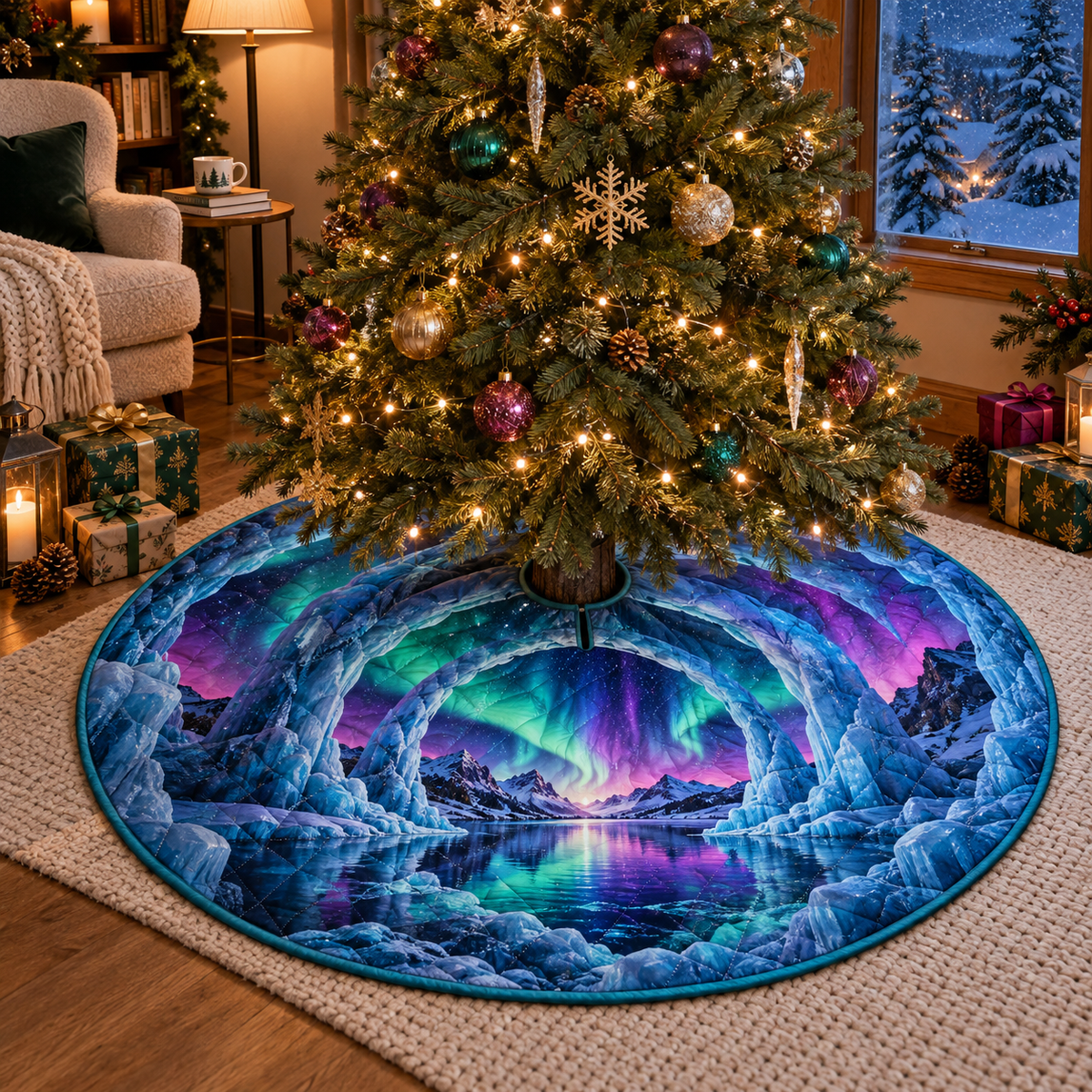 Northern Lights Quiet Corner Christmas Tree Skirt with flat printed optical 3D aurora ice portal in emerald cyan violet midnight blue and a serene reading nook