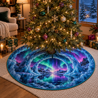 Northern Lights Quiet Corner Christmas Tree Skirt with flat printed optical 3D aurora ice portal in emerald cyan violet midnight blue and a serene reading nook