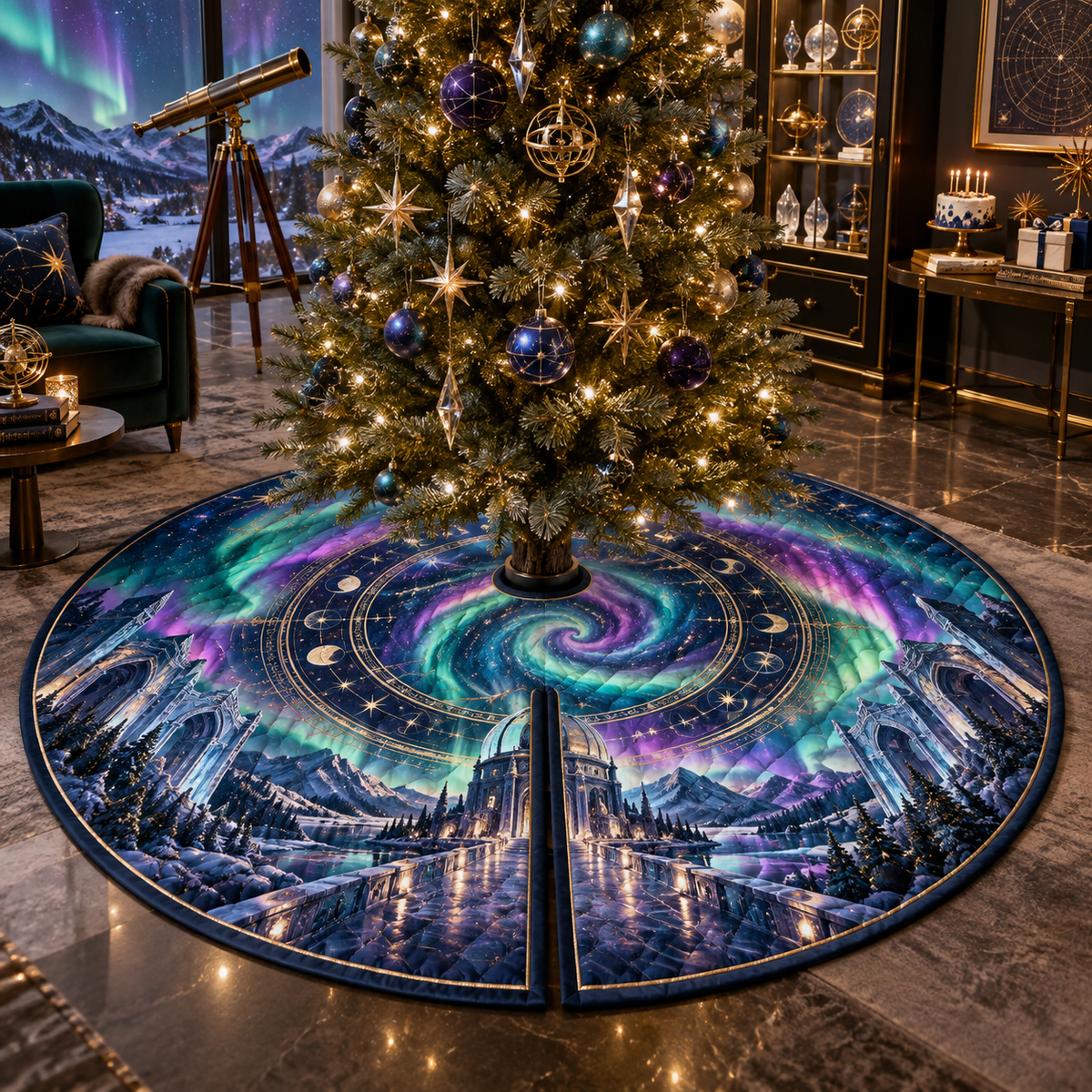 Northern Lights Collector Birthday Christmas Tree Skirt with flat printed optical 3D aurora observatory and antique celestial rings in emerald cyan violet navy and gold
