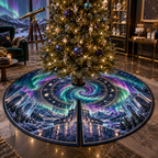Northern Lights Collector Birthday Christmas Tree Skirt with flat printed optical 3D aurora observatory and antique celestial rings in emerald cyan violet navy and gold