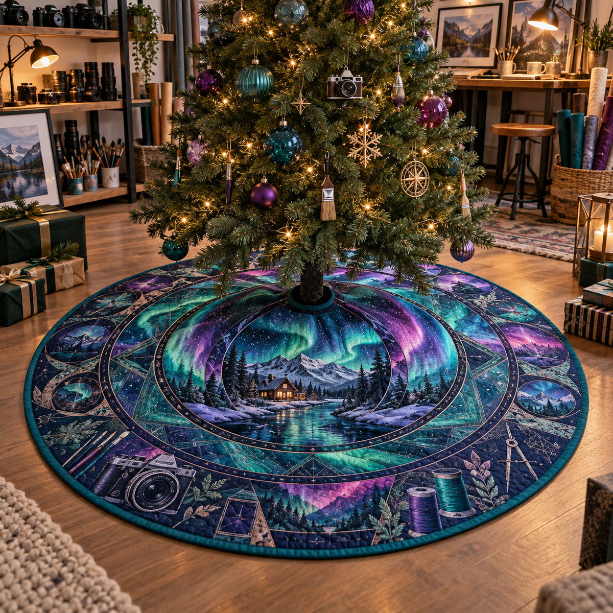 Northern Lights Hobby Studio Christmas Tree Skirt with flat printed optical 3D aurora creative studio portals in emerald cyan violet navy and maker tool motifs