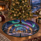 Northern Lights Host Thank You Christmas Tree Skirt with flat printed optical 3D aurora welcoming arches in emerald cyan violet midnight blue and warm lodge light