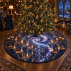 Milky Way Arch Reading Nook Christmas Tree Skirt with flat printed optical 3D Milky Way gothic library arches in midnight navy indigo amethyst icy blue and warm starlight