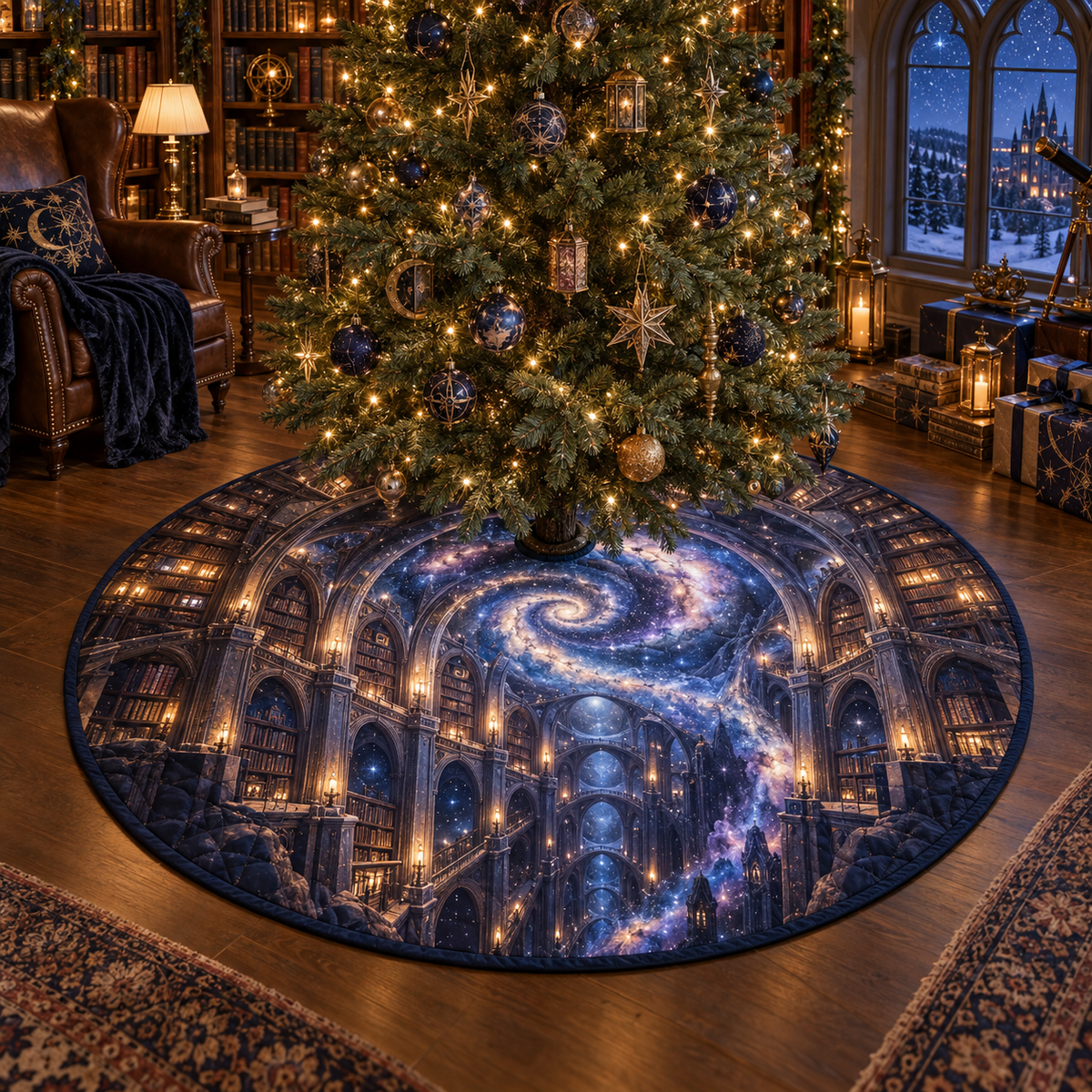 Milky Way Arch Reading Nook Christmas Tree Skirt with flat printed optical 3D Milky Way gothic library arches in midnight navy indigo amethyst icy blue and warm starlight