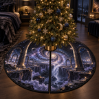 Milky Way Arch Bedroom Christmas Tree Skirt with flat printed optical 3D Milky Way mirrored arches and cosmic canyon in obsidian navy indigo amethyst silver and warm gold
