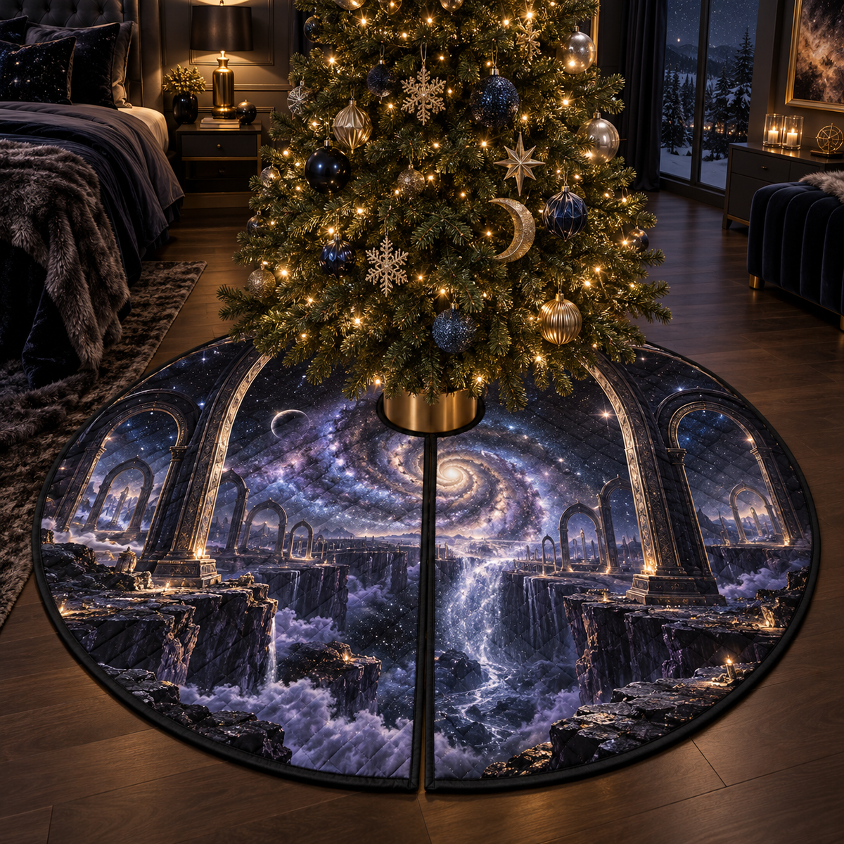 Milky Way Arch Bedroom Christmas Tree Skirt with flat printed optical 3D Milky Way mirrored arches and cosmic canyon in obsidian navy indigo amethyst silver and warm gold