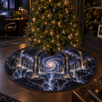 Milky Way Arch Home Office Christmas Tree Skirt with flat printed optical 3D Milky Way mirrored arches and cosmic canyon in obsidian navy indigo amethyst silver and warm gold