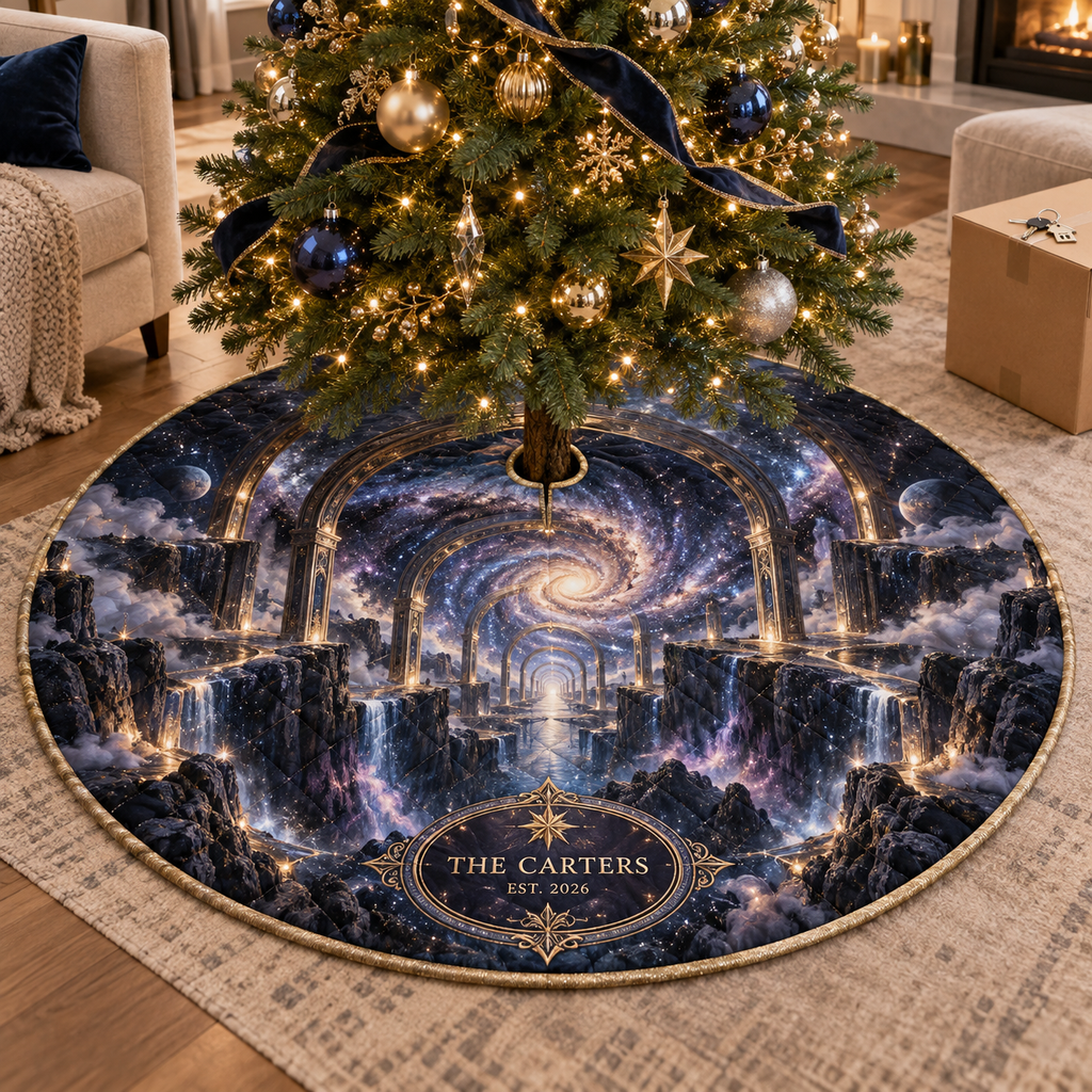 Milky Way Arch Housewarming Christmas Tree Skirt personalized with sample family name, flat printed optical 3D Milky Way mirrored arches and cosmic canyon