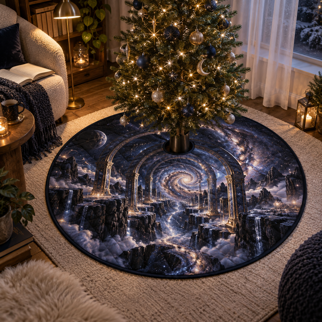 Milky Way Arch Quiet Corner Christmas Tree Skirt with flat printed optical 3D Milky Way mirrored arches and cosmic canyon in obsidian navy indigo amethyst silver and warm gold