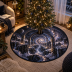 Milky Way Arch Quiet Corner Christmas Tree Skirt with flat printed optical 3D Milky Way mirrored arches and cosmic canyon in obsidian navy indigo amethyst silver and warm gold