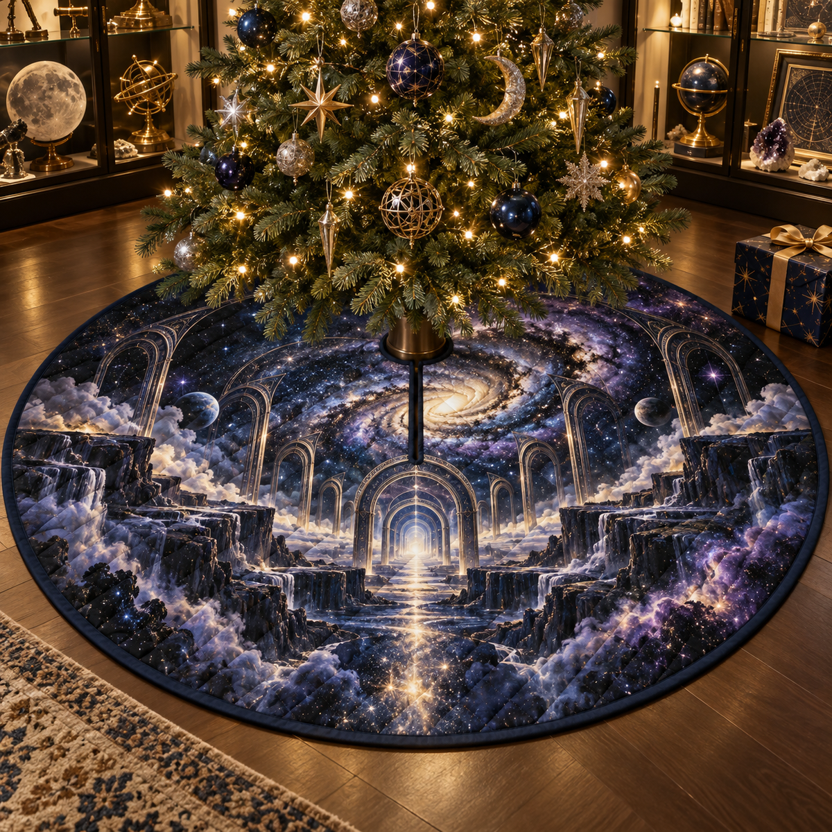 Milky Way Arch Collector Christmas Tree Skirt with flat printed optical 3D Milky Way mirrored arches and cosmic canyon in obsidian navy indigo amethyst silver and warm gold