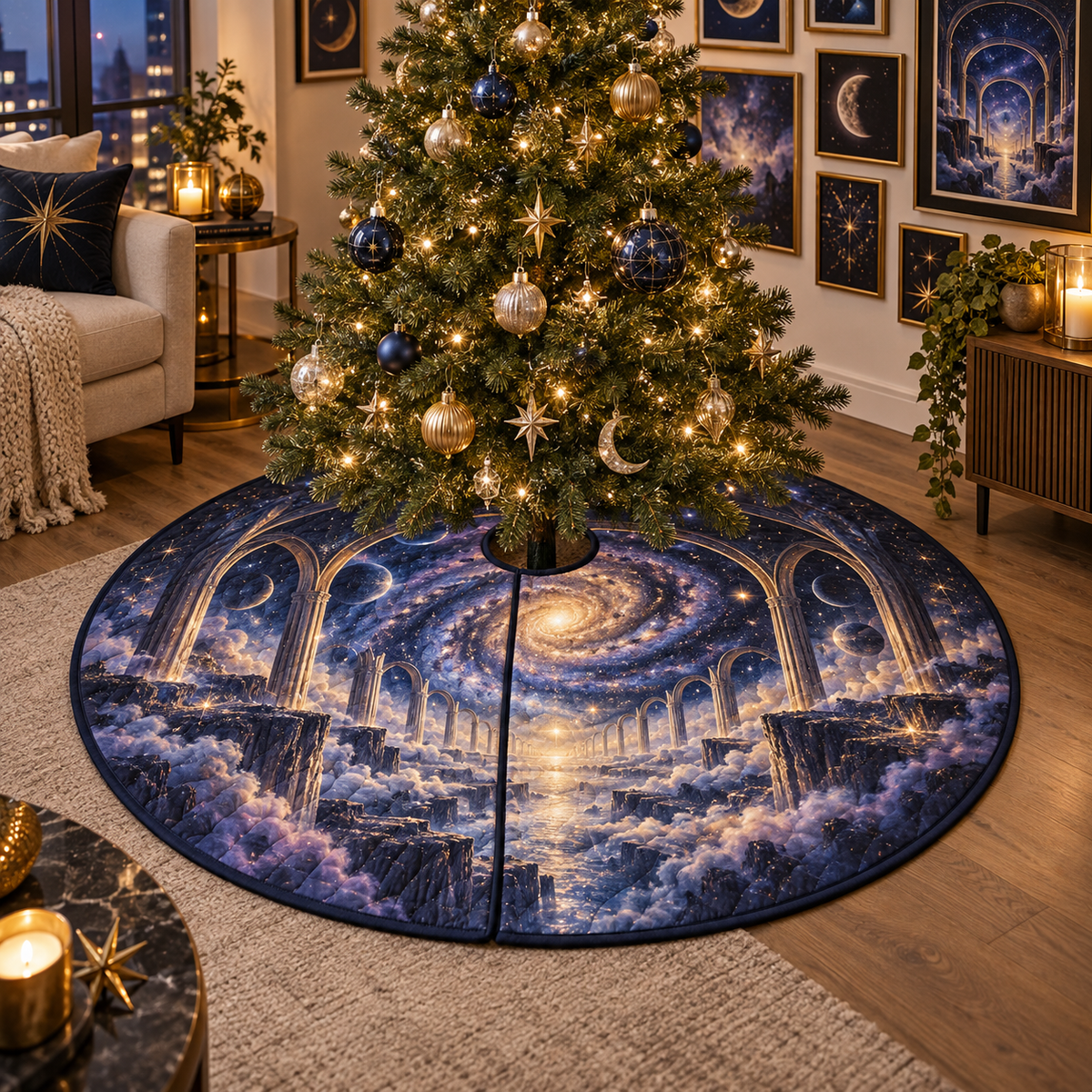 Milky Way Arch Apartment Gallery Christmas Tree Skirt with flat printed optical 3D Milky Way mirrored arches and cosmic canyon in midnight navy indigo amethyst silver and gold