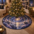 Milky Way Arch Apartment Gallery Christmas Tree Skirt with flat printed optical 3D Milky Way mirrored arches and cosmic canyon in midnight navy indigo amethyst silver and gold