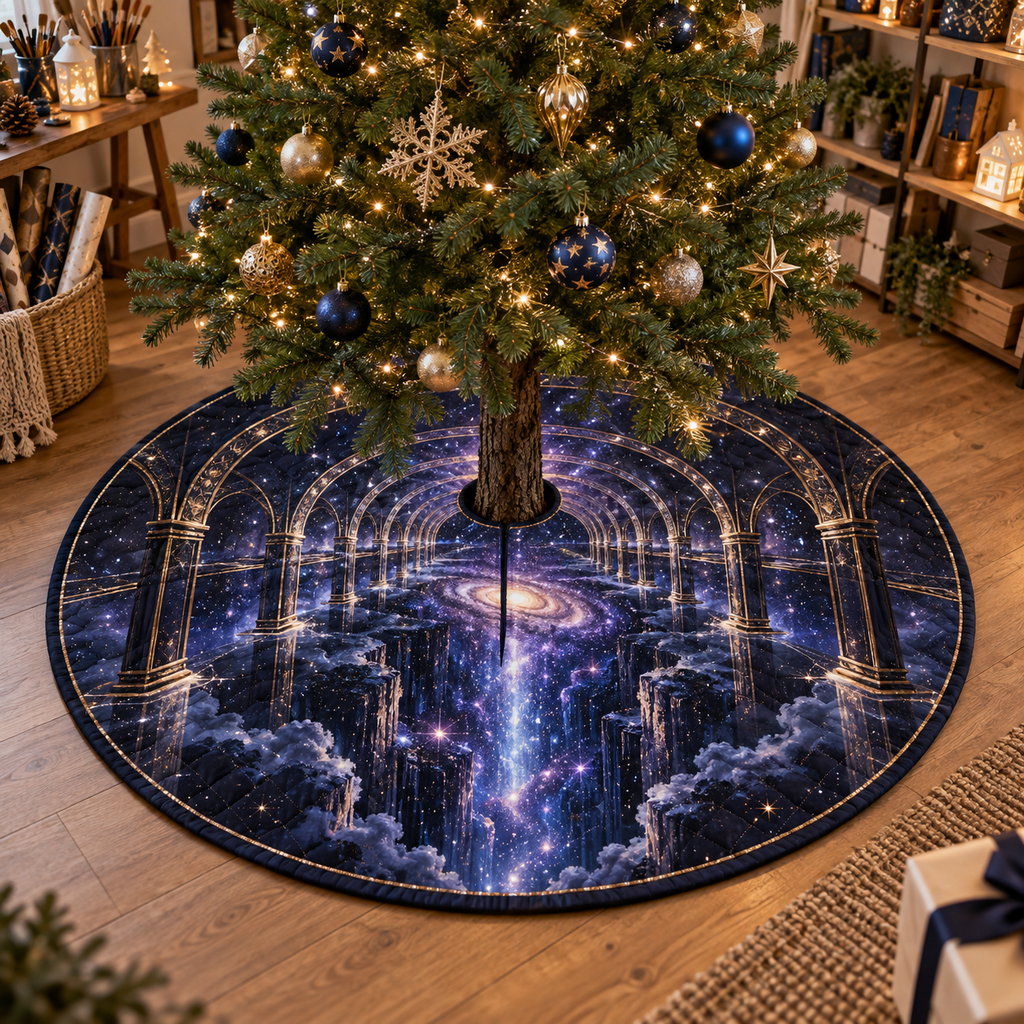Milky Way Arch Hobby Studio Christmas Tree Skirt with flat printed optical 3D Milky Way mirrored arches and cosmic canyon in midnight navy indigo amethyst silver and gold