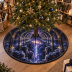 Milky Way Arch Hobby Studio Christmas Tree Skirt with flat printed optical 3D Milky Way mirrored arches and cosmic canyon in midnight navy indigo amethyst silver and gold