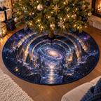 Milky Way Arch Host Thank You Christmas Tree Skirt with flat printed optical 3D Milky Way mirrored arches and cosmic canyon in midnight navy indigo amethyst silver and gold