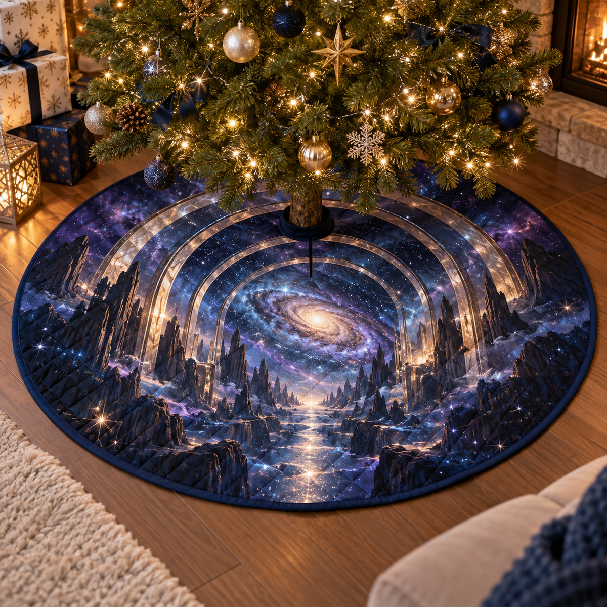 Milky Way Arch Host Thank You Christmas Tree Skirt with flat printed optical 3D Milky Way mirrored arches and cosmic canyon in midnight navy indigo amethyst silver and gold