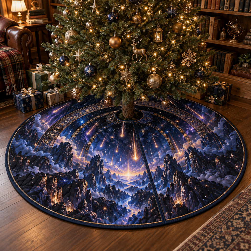 Meteor Shower Reading Nook Christmas Tree Skirt with flat printed optical 3D meteor shower through celestial arches into a star canyon in midnight navy violet copper and gold