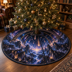 Meteor Shower Reading Nook Christmas Tree Skirt with flat printed optical 3D meteor shower through celestial arches into a star canyon in midnight navy violet copper and gold