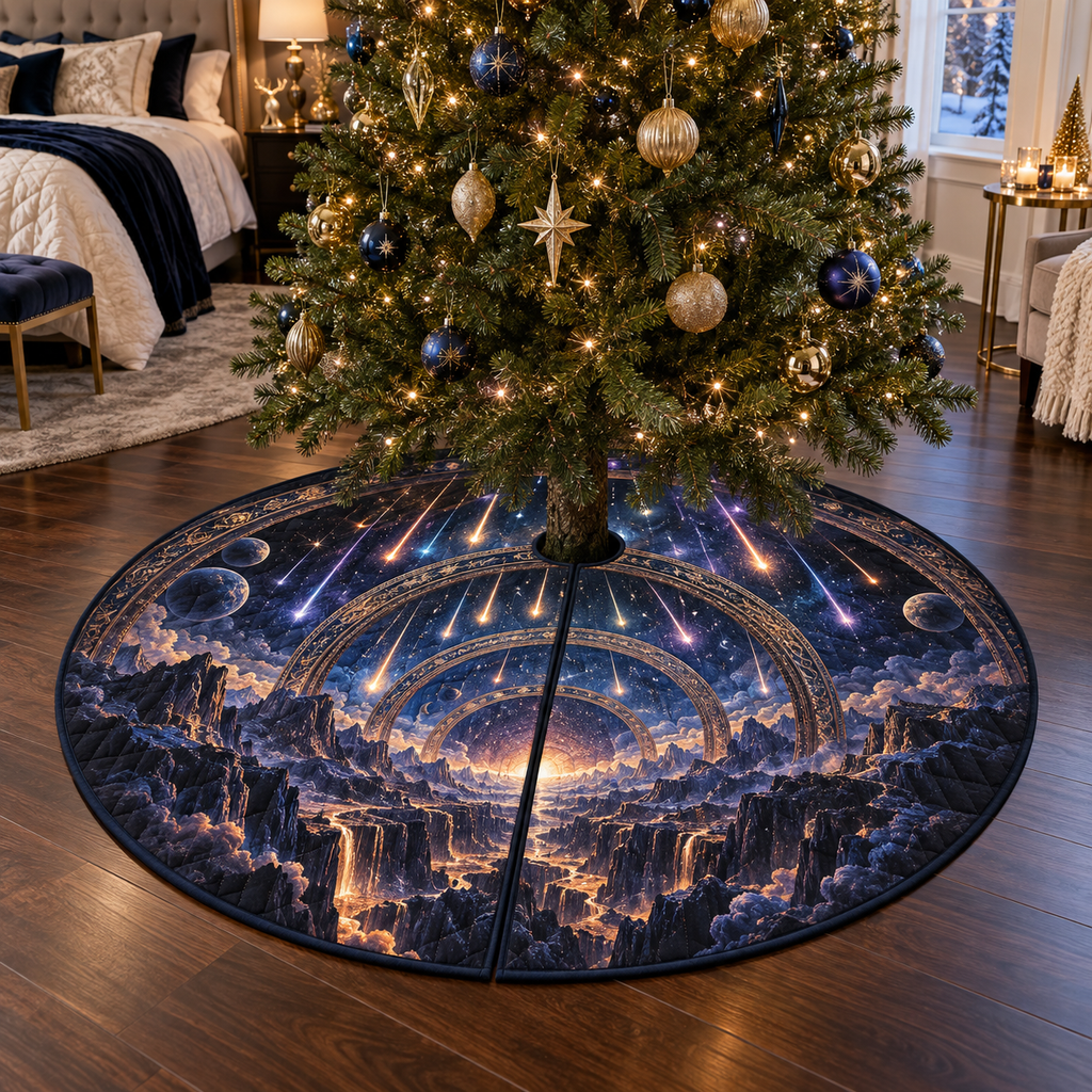 Meteor Shower Bedroom Statement Christmas Tree Skirt with flat printed optical 3D meteor shower through celestial arches into a star canyon in midnight navy violet copper and gold
