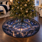 Meteor Shower Bedroom Statement Christmas Tree Skirt with flat printed optical 3D meteor shower through celestial arches into a star canyon in midnight navy violet copper and gold