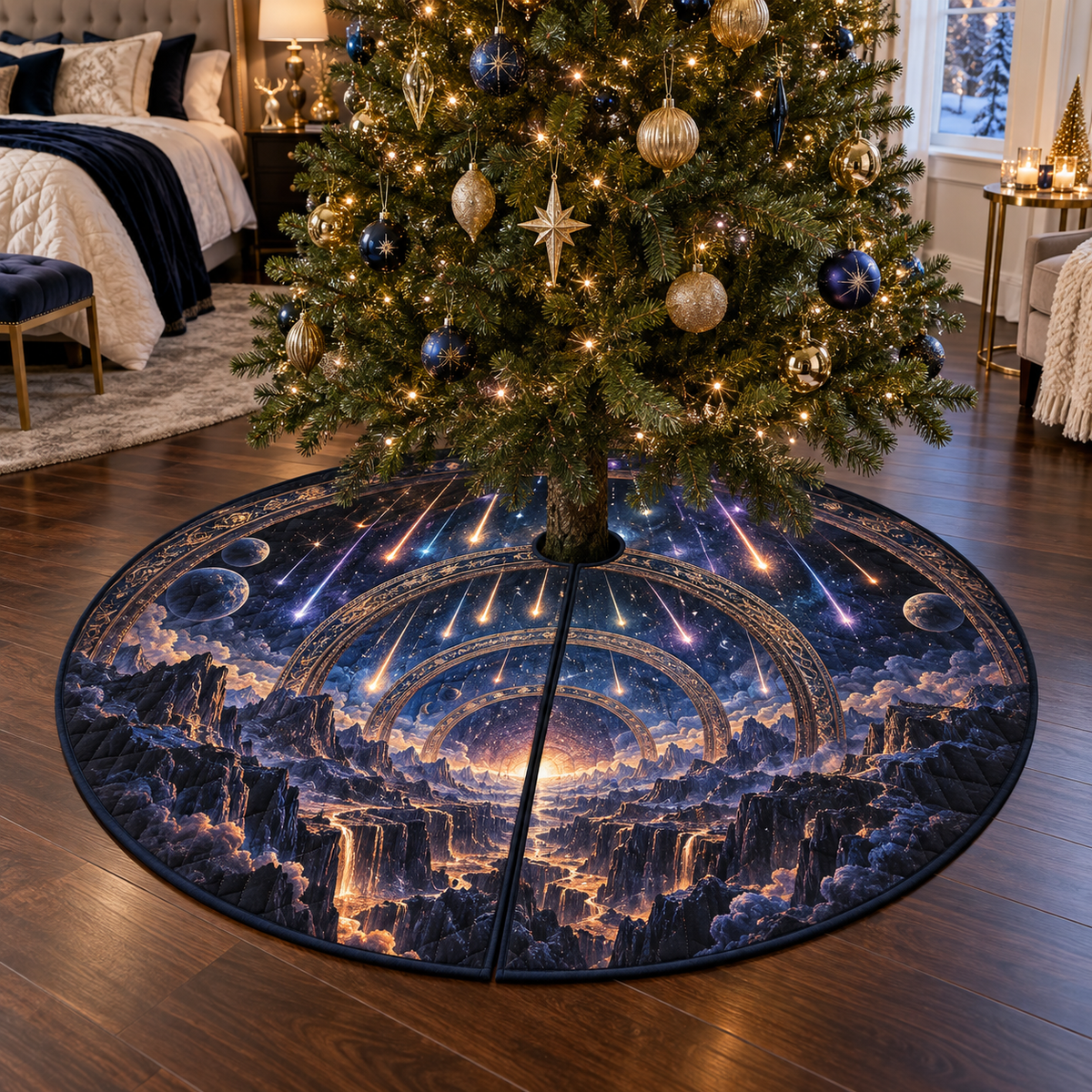 Meteor Shower Bedroom Statement Christmas Tree Skirt with flat printed optical 3D meteor shower through celestial arches into a star canyon in midnight navy violet copper and gold