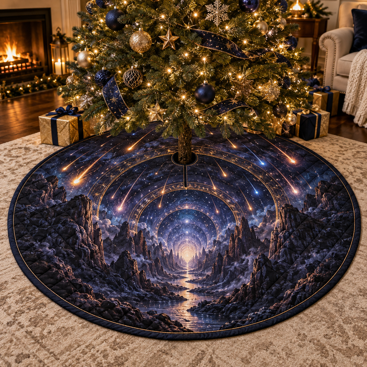 Meteor Shower Living Room Focal Christmas Tree Skirt with flat printed optical 3D meteor shower through celestial arches into a star canyon in midnight navy violet copper and gold