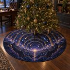 Meteor Shower Home Office Christmas Tree Skirt with flat printed optical 3D meteor shower through celestial arches into a star canyon in midnight navy violet copper and gold