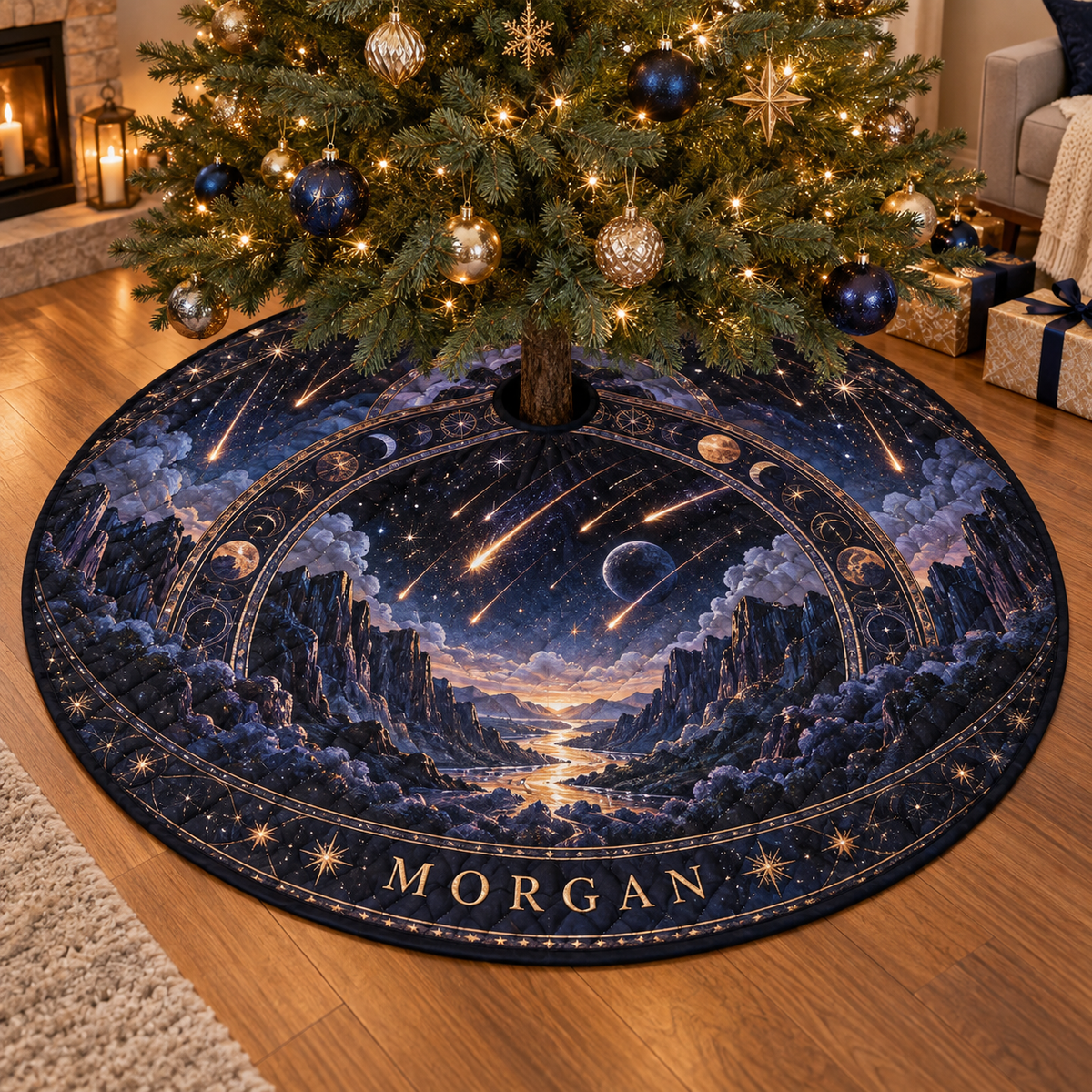 Meteor Shower Housewarming Christmas Tree Skirt personalized with sample family name, flat printed optical 3D meteor shower through celestial arches and star canyon