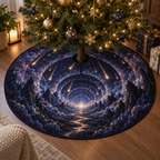Meteor Shower Quiet Corner Christmas Tree Skirt with flat printed optical 3D meteor shower through celestial arches into a star canyon in midnight navy violet copper and gold