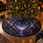 Meteor Shower Collector Birthday Christmas Tree Skirt with flat printed optical 3D meteor shower through celestial arches into a star canyon in midnight navy violet copper and gold