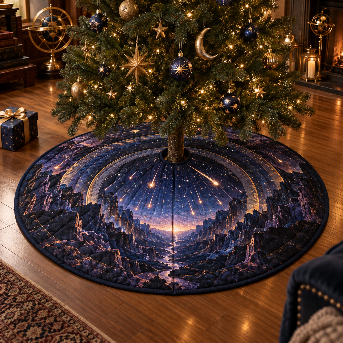 Meteor Shower Collector Birthday Christmas Tree Skirt with flat printed optical 3D meteor shower through celestial arches into a star canyon in midnight navy violet copper and gold