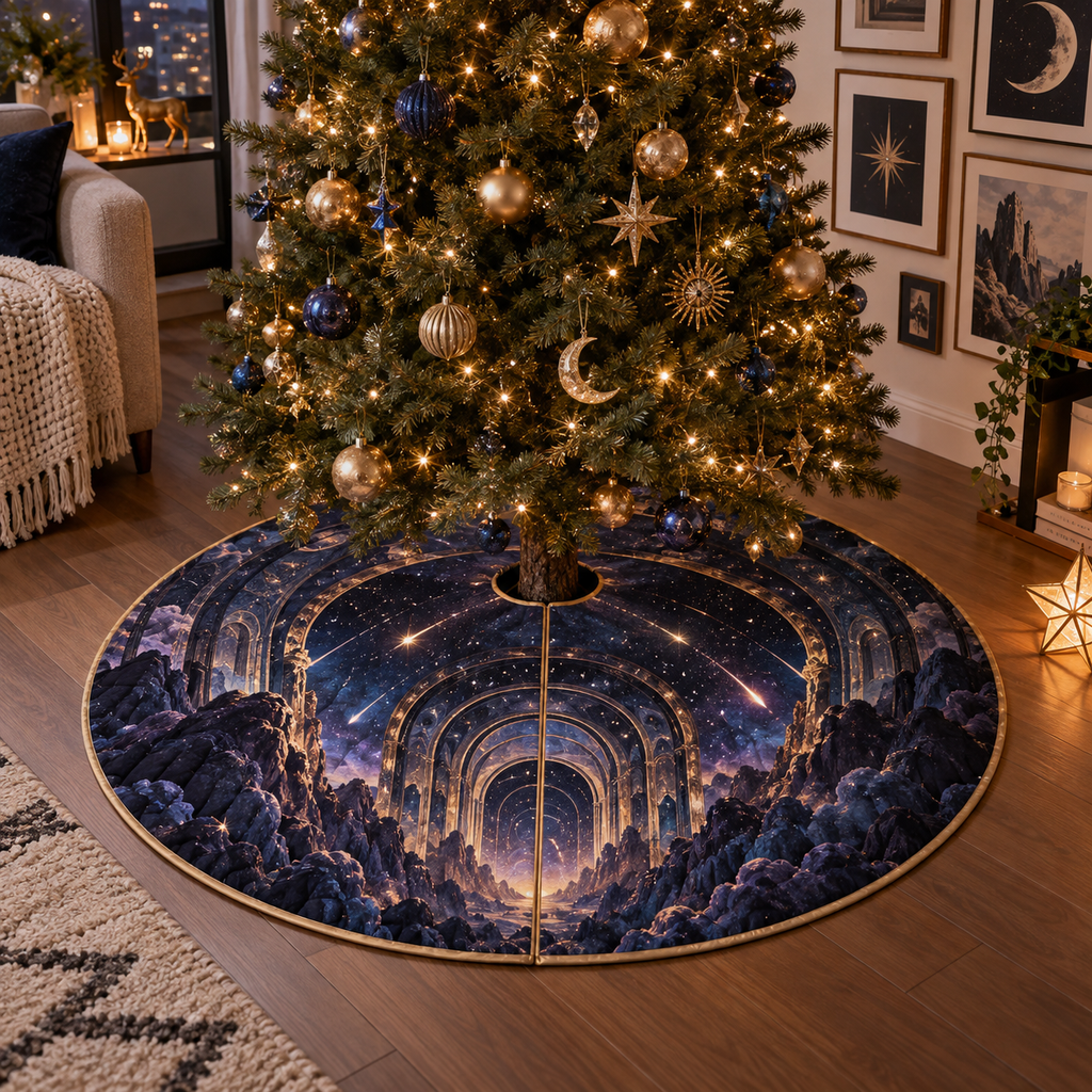 Meteor Shower Apartment Gallery Christmas Tree Skirt with flat printed optical 3D meteor shower through celestial arches into a star canyon in midnight navy violet copper and gold