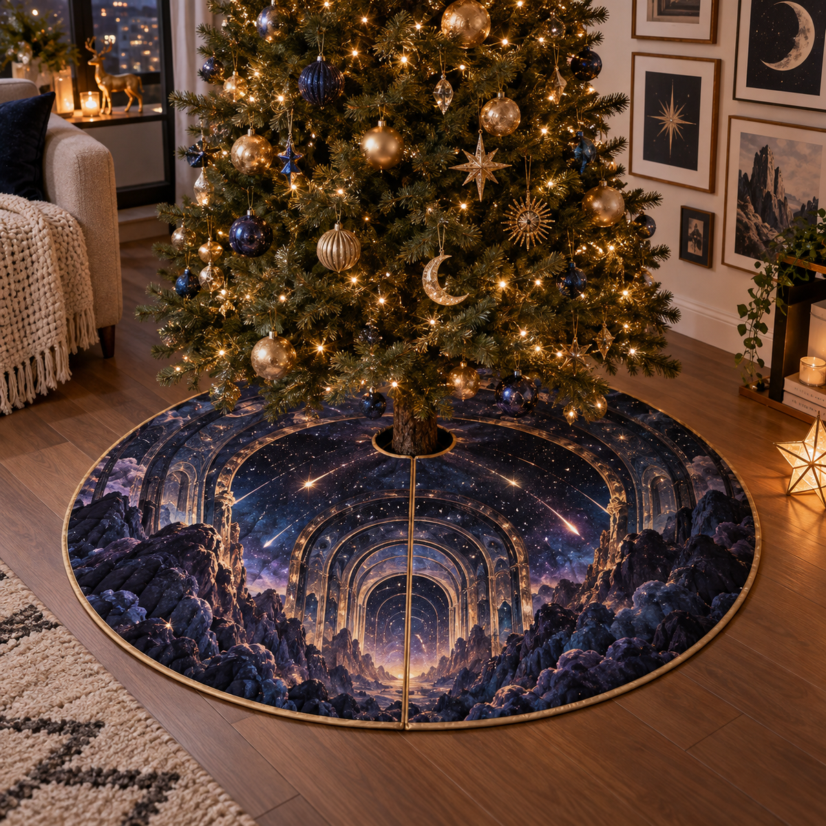 Meteor Shower Apartment Gallery Christmas Tree Skirt with flat printed optical 3D meteor shower through celestial arches into a star canyon in midnight navy violet copper and gold