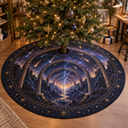 Meteor Shower Hobby Studio Christmas Tree Skirt with flat printed optical 3D meteor shower through celestial arches into a star canyon in midnight navy violet copper and gold