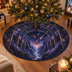 Meteor Shower Host Thank You Christmas Tree Skirt with flat printed optical 3D meteor shower through celestial arches into a star canyon in midnight navy violet copper and gold