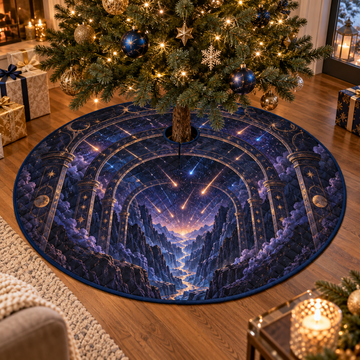 Meteor Shower Host Thank You Christmas Tree Skirt with flat printed optical 3D meteor shower through celestial arches into a star canyon in midnight navy violet copper and gold