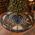 Astronomical Instruments Reading Nook Christmas Tree Skirt with flat printed optical 3D armillary spheres astrolabes and telescope optics through observatory arches in aged brass navy parchment and teal