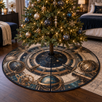 Astronomical Instruments Bedroom Christmas Tree Skirt with flat printed optical 3D armillary spheres astrolabes and telescope optics through observatory arches in aged brass navy parchment and teal