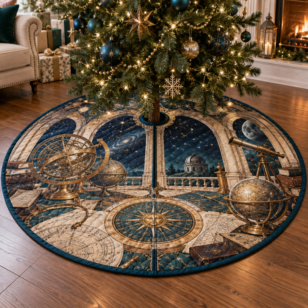Astronomical Instruments Living Room Christmas Tree Skirt with flat printed optical 3D armillary spheres astrolabes and telescope optics through observatory arches in aged brass navy parchment and teal